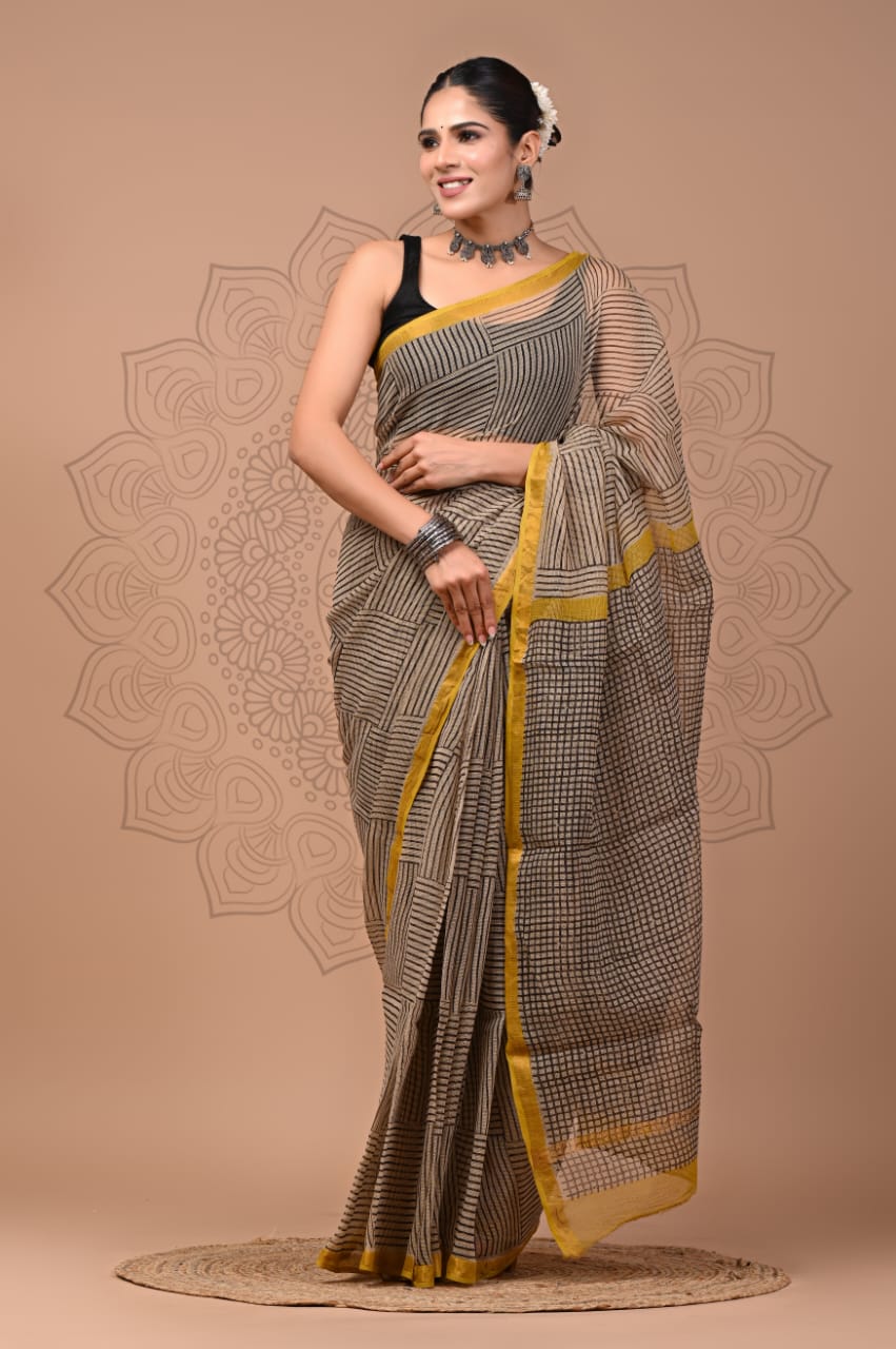 PJNV25A131 Beige Pure Block Print Kota Doria Saree