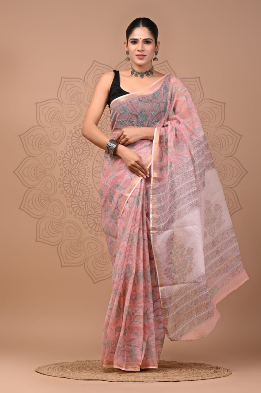 PJNV25A132 Pink Pure Block Print Kota Doria Saree