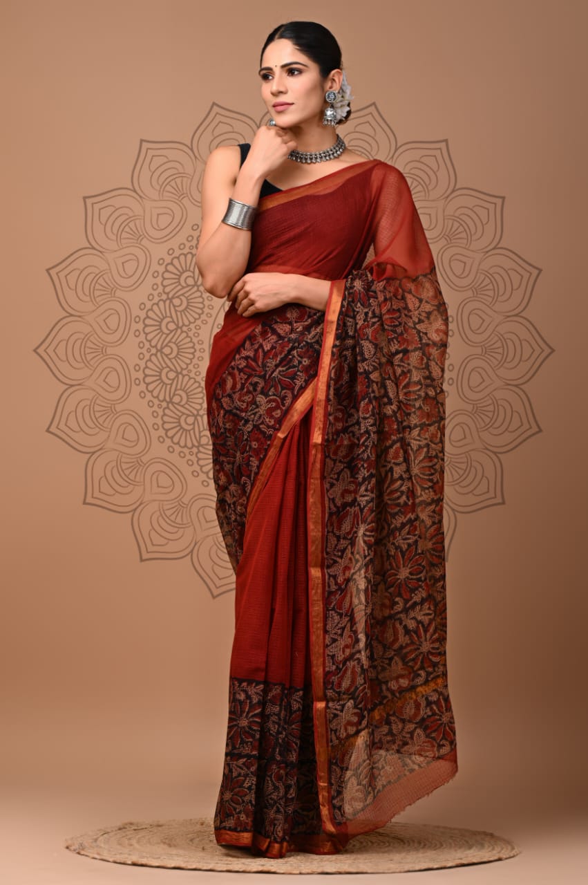 PJNV25A135 Rust Red Pure Block Print Kota Doria Saree