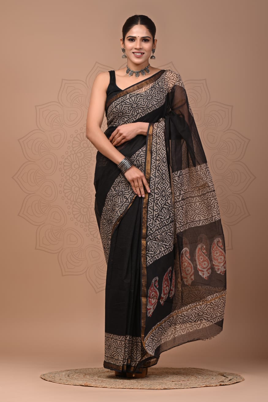 PJNV25A138 Black Pure Block Print Kota Doria Saree