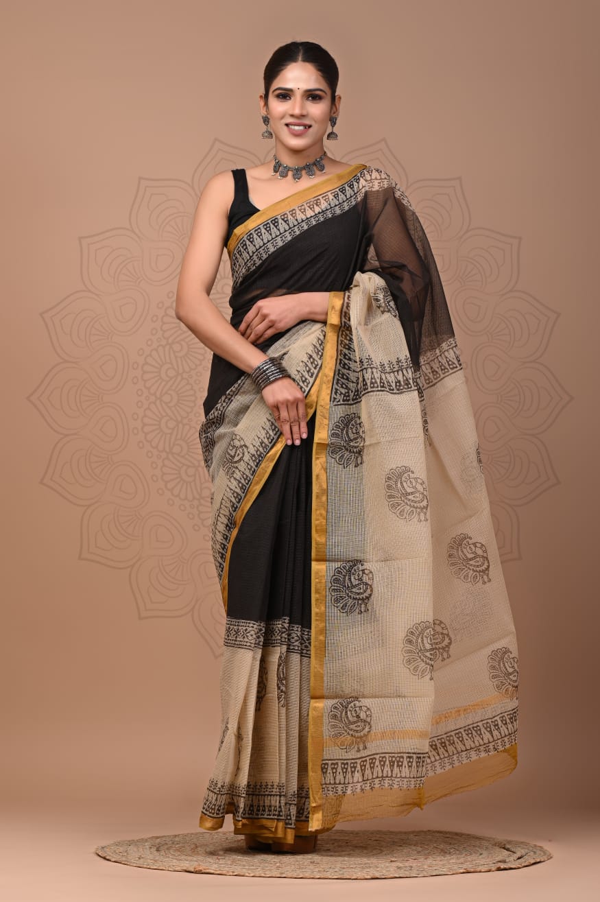 PJNV25A139 Black Pure Block Print Kota Doria Saree
