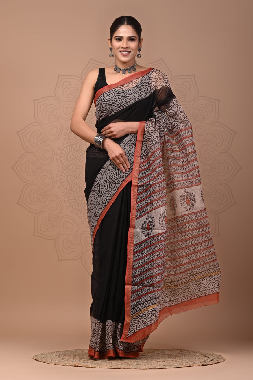 PJNV25A141 Black Pure Block Print Kota Doria Saree
