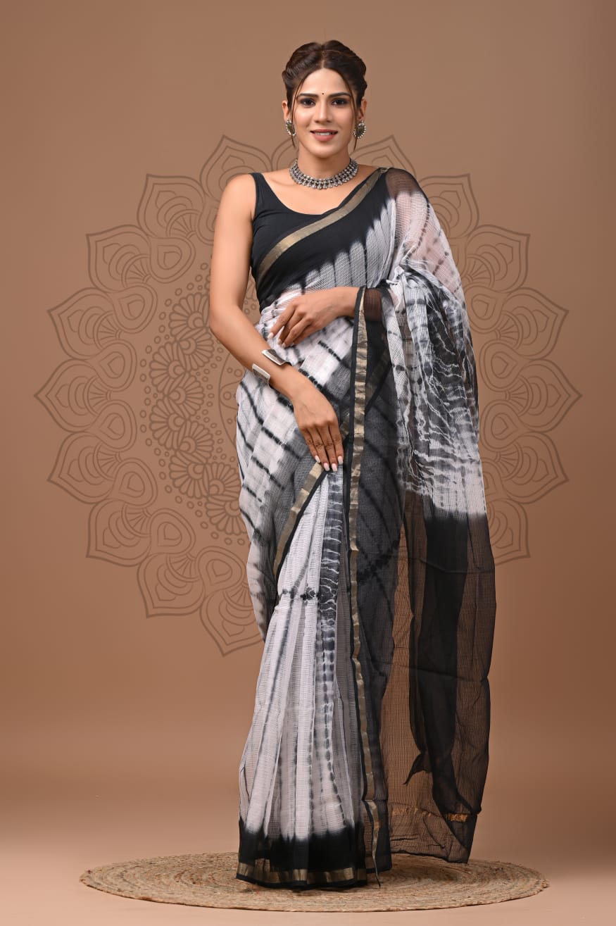 PJNV25A146 White Pure Block Print Kota Doria Saree