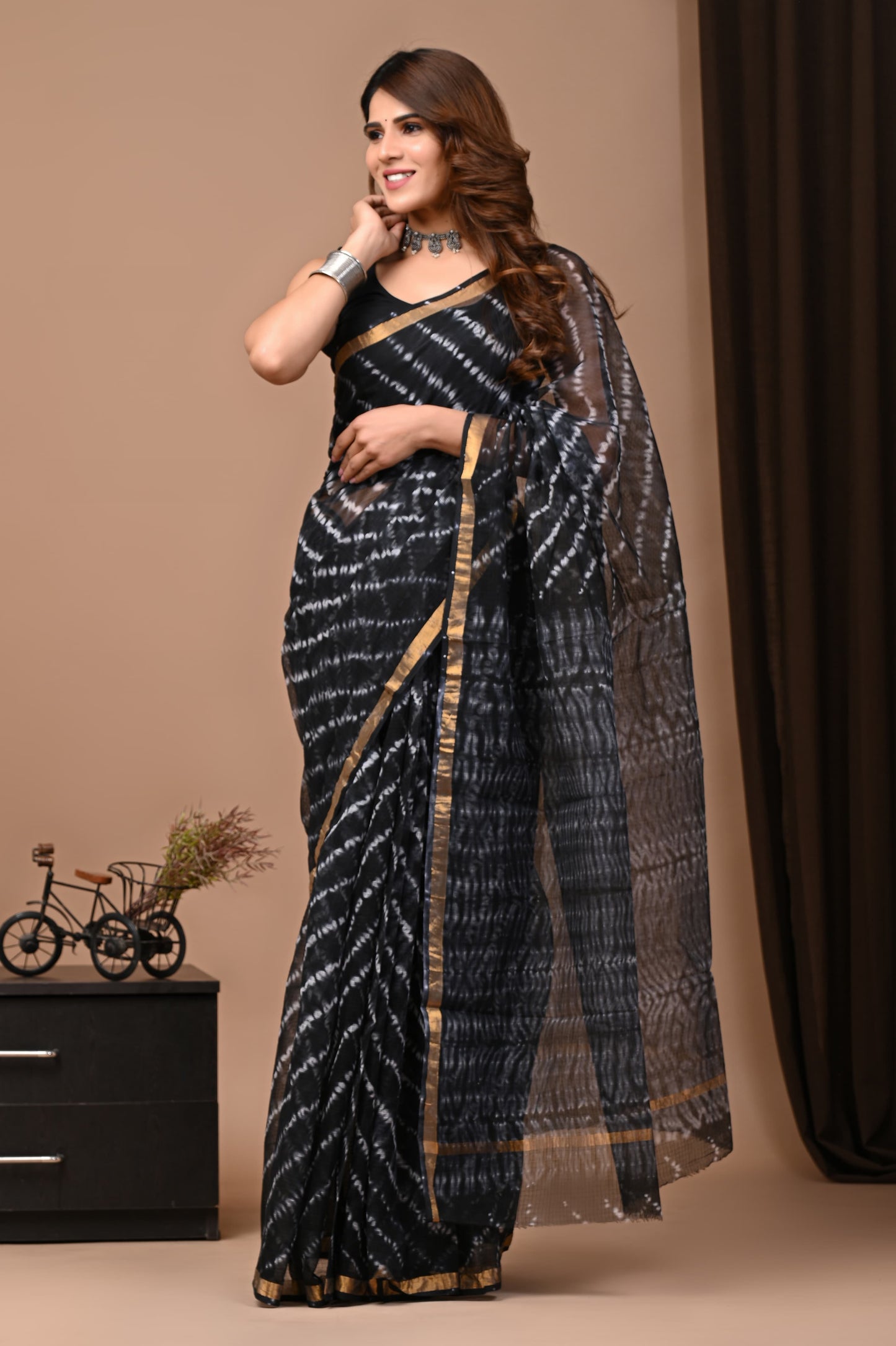 PJNV25A148 Black Pure Block Print Kota Doria Saree