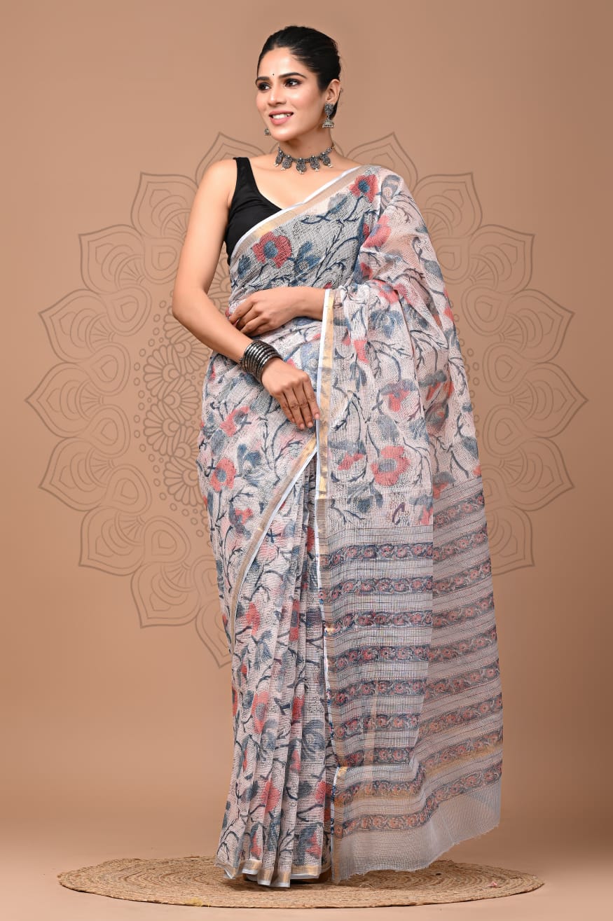 PJNV25A152 Off-White Pure Block Print Kota Doria Saree