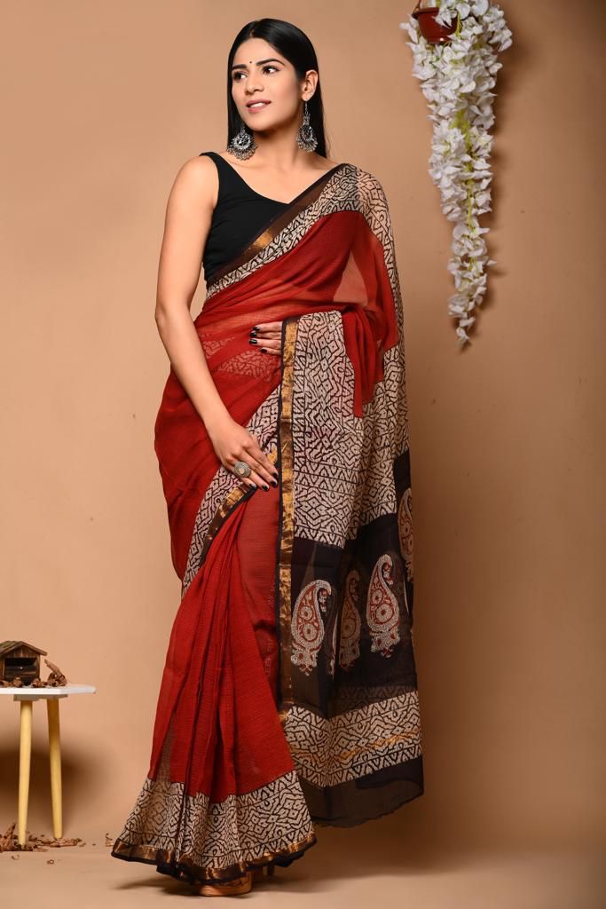 PJNV25A157 Red Pure Block Print Kota Doria Saree