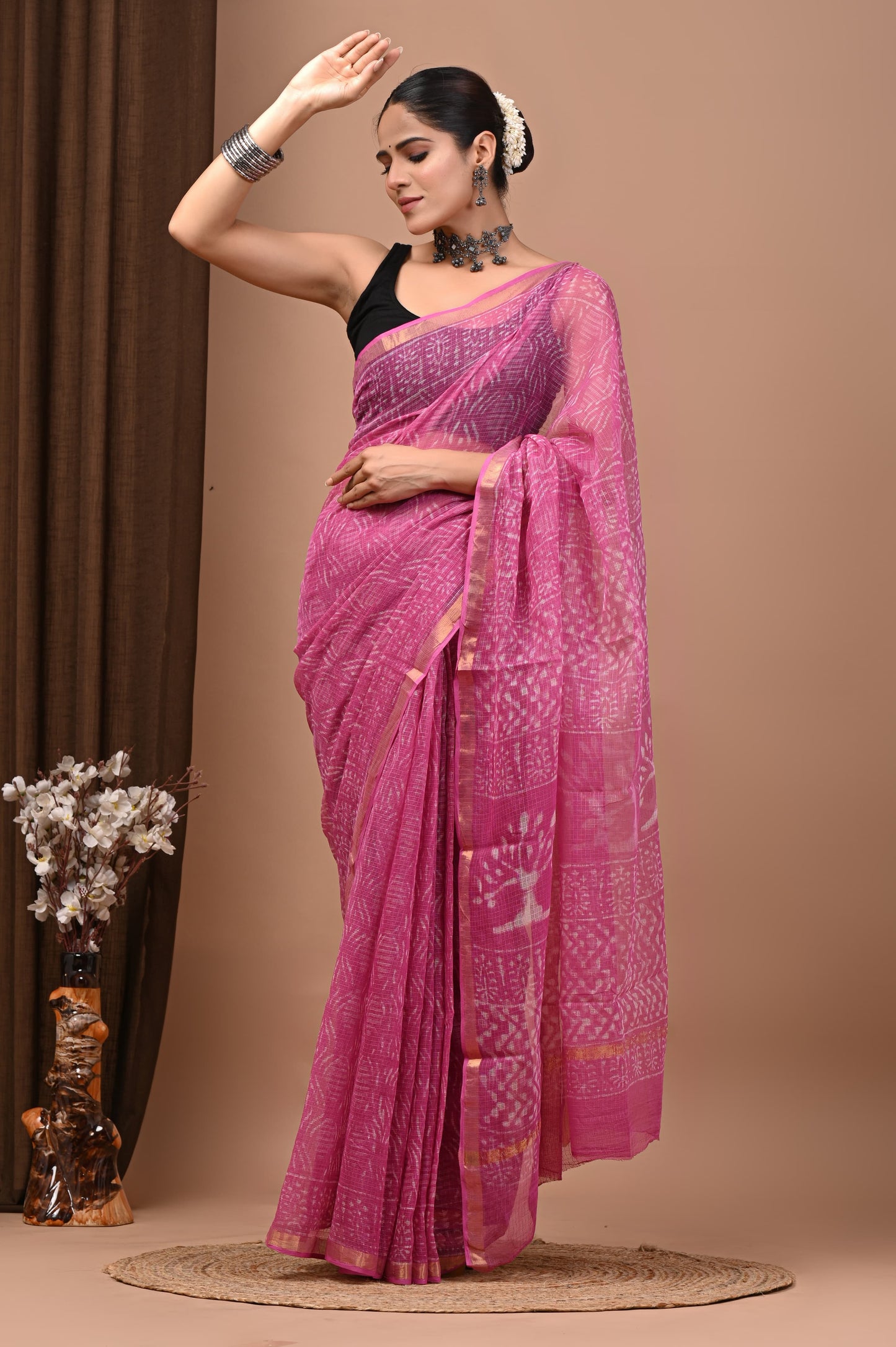PJNV25A159 Pink Pure Block Print Kota Doria Saree