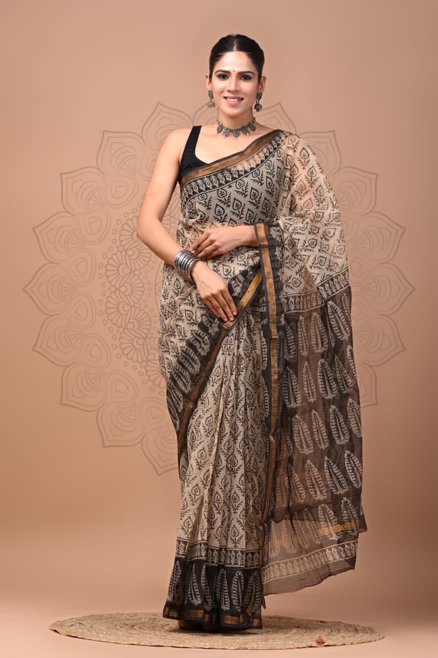 PJNV25A163 Beige Pure Block Print Kota Doria Saree