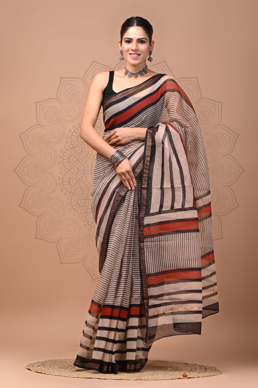 PJNV25A164 Beige Pure Block Print Kota Doria Saree