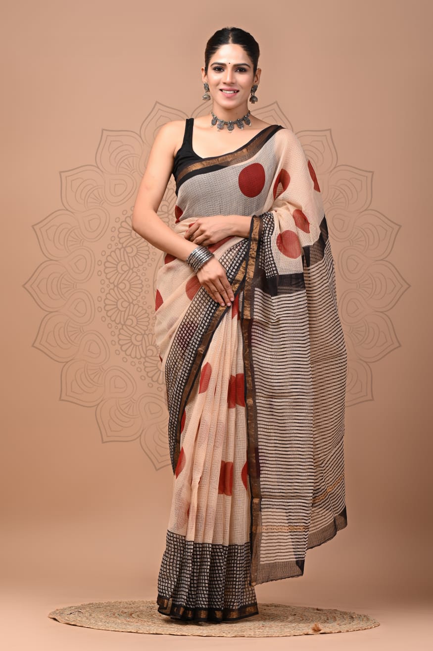 PJNV25A166 Beige Pure Block Print Kota Doria Saree