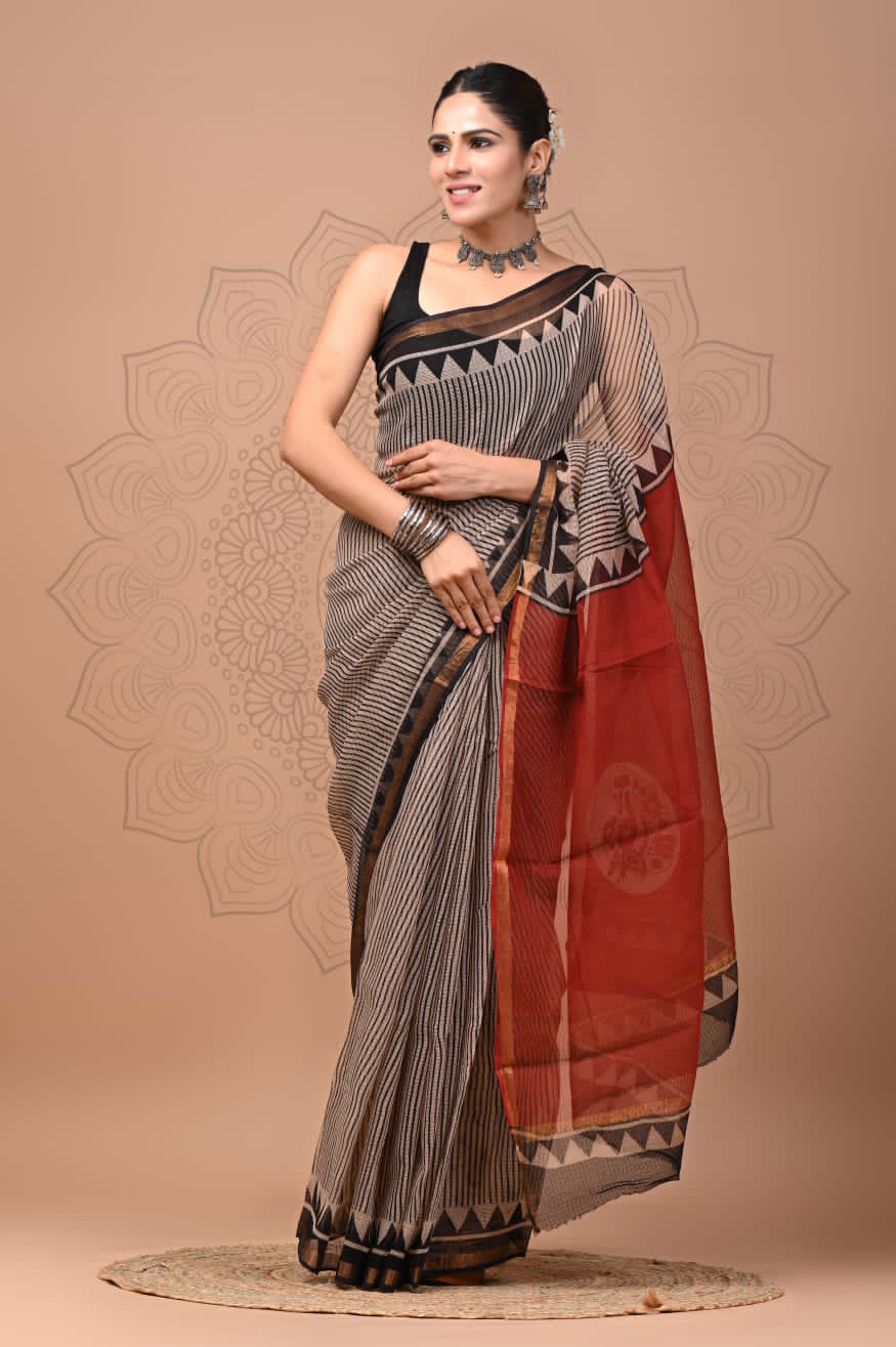 PJNV25A167 Beige Pure Block Print Kota Doria Saree