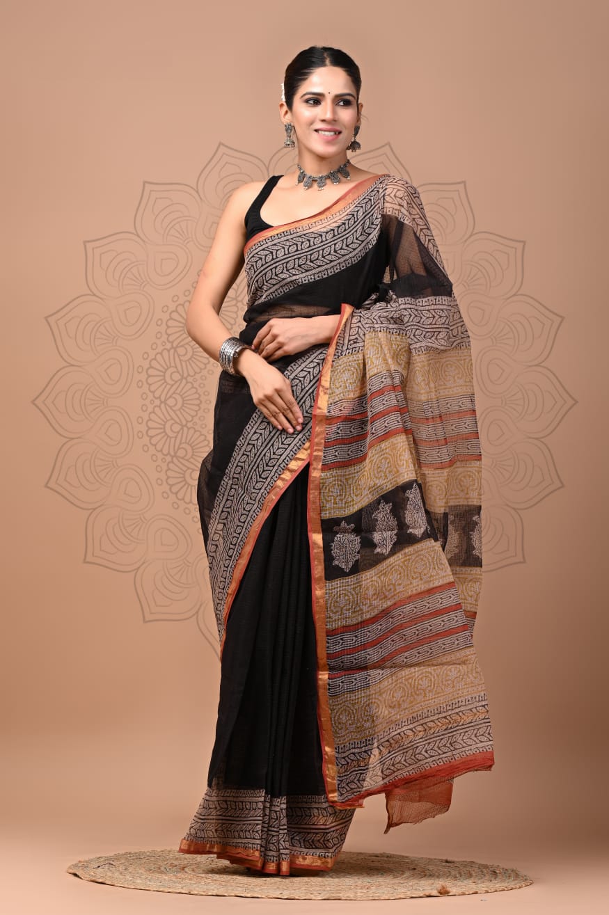 PJNV25A169 Black Pure Block Print Kota Doria Saree