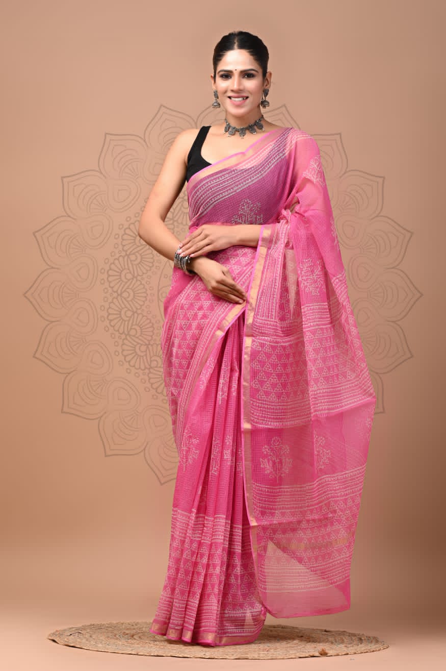 PJNV25A173 Vibrant Pink Pure Block Print Kota Doria Saree