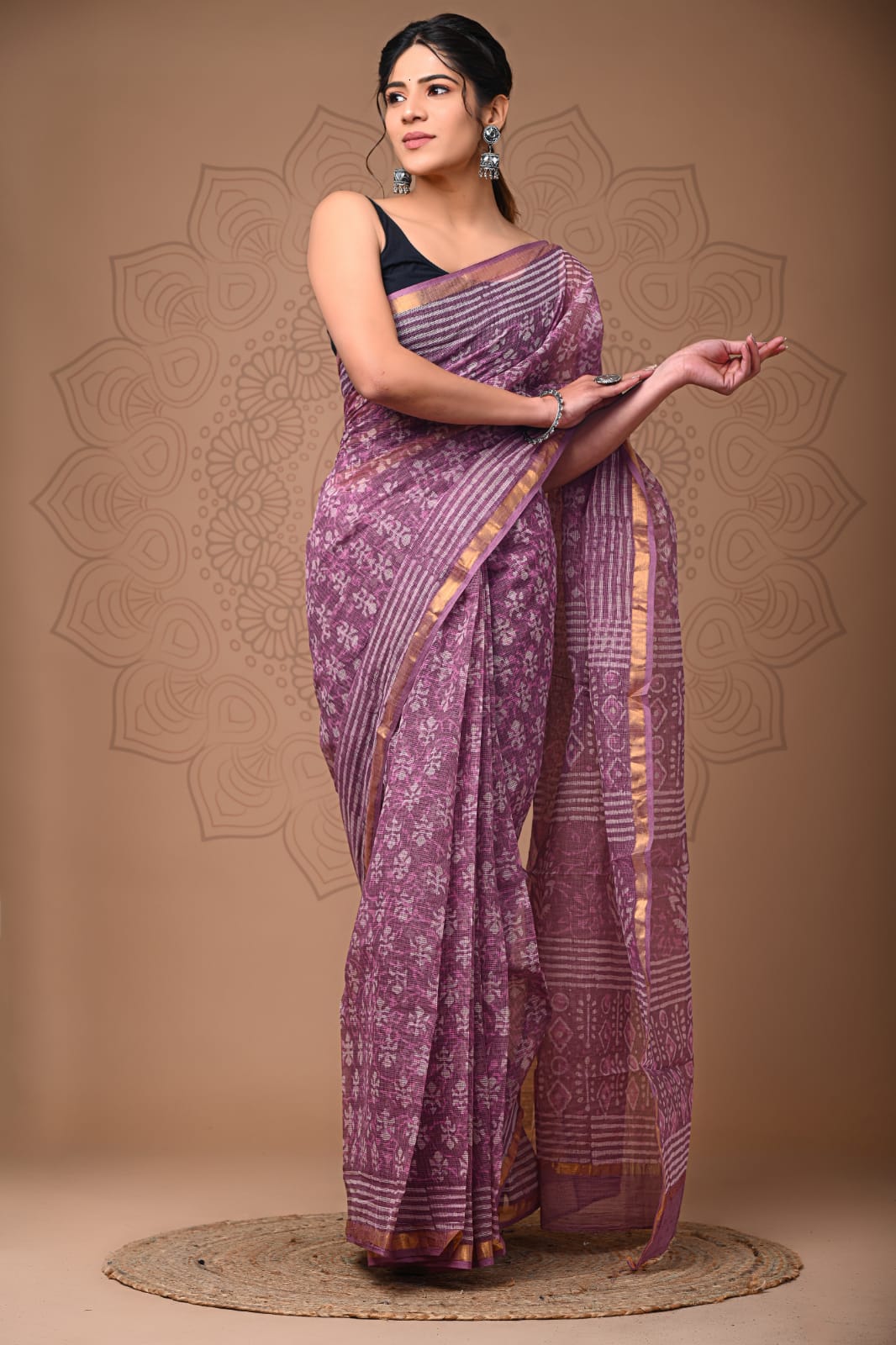PJNV25A180 Purple Pure Block Print Kota Doria Saree