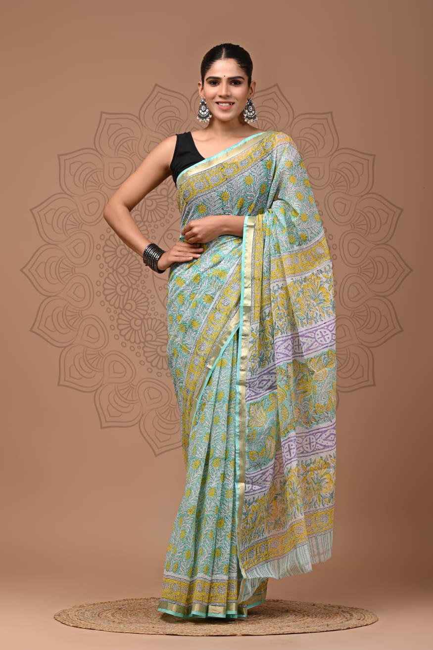 PJNV25A188 Mint Green Pure Block Print Kota Doria Saree
