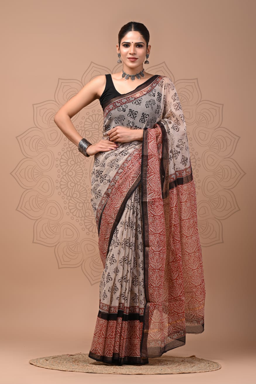 PJNV25A193 Cream Pure Block Print Kota Doria Saree