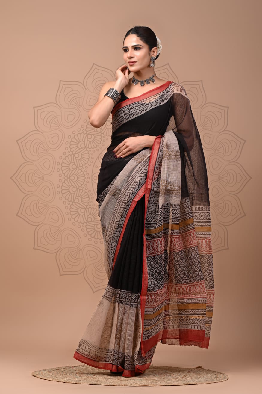 PJNV25A195 Black Pure Block Print Kota Doria Saree