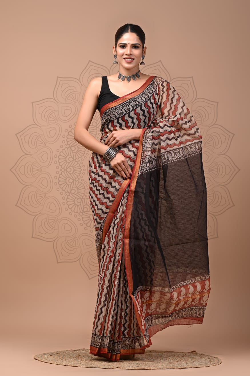 PJNV25A202 Beige Pure Block Print Kota Doria Saree