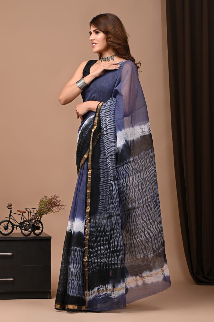 PJNV25A207 Navy Blue Pure Block Print Kota Doria Saree