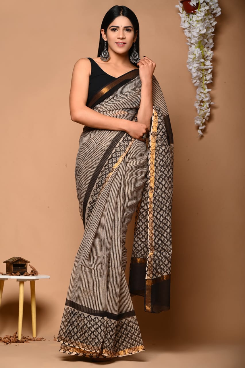 PJNV25A208 Beige Pure Block Print Kota Doria Saree
