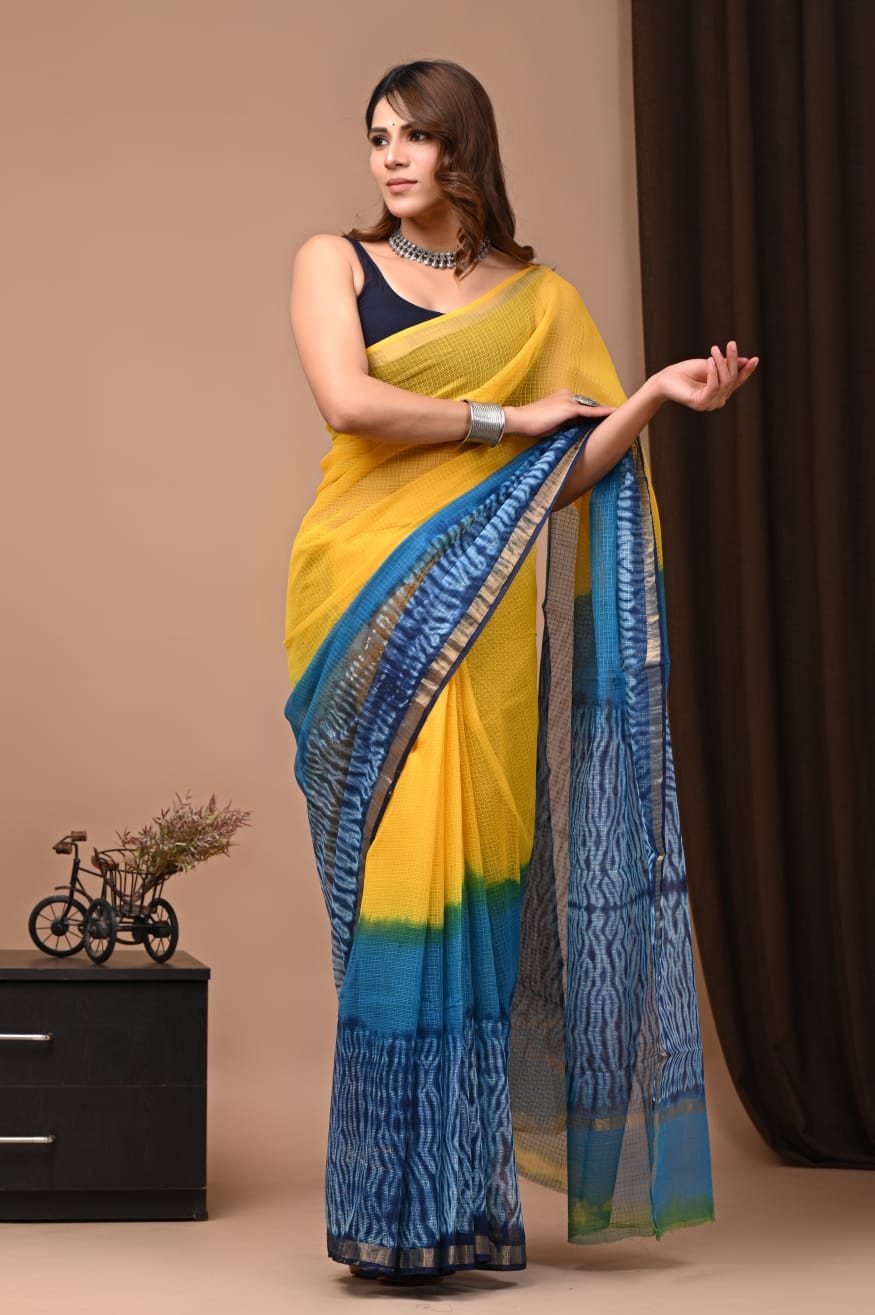 PJNV25A209 Yellow Pure Block Print Kota Doria Saree