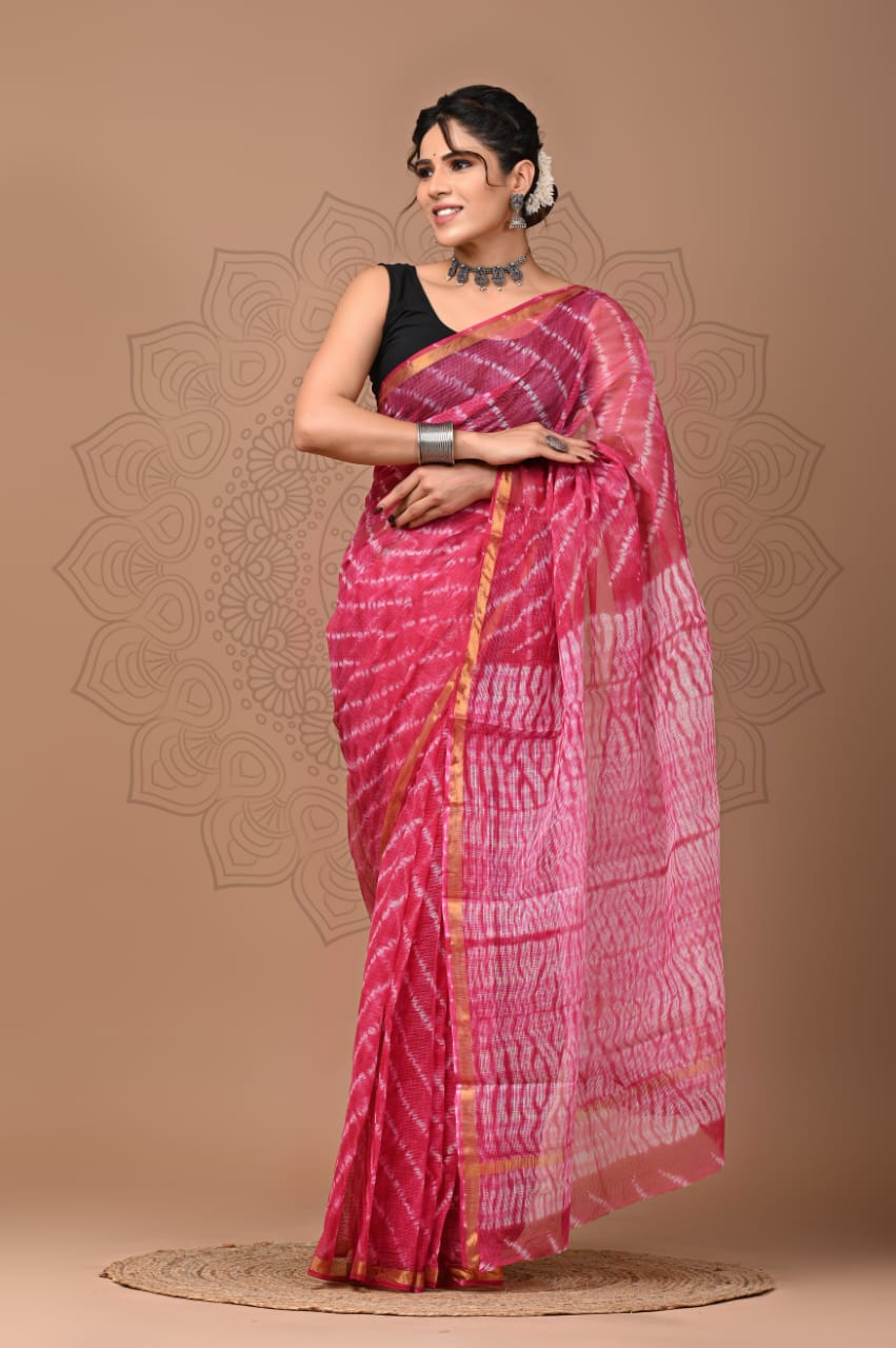 PJNV25A210 Pink Pure Block Print Kota Doria Saree