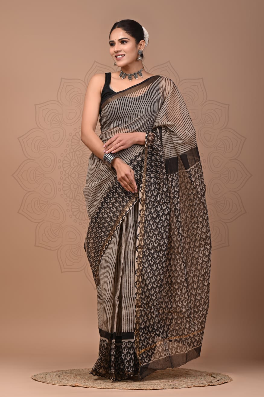PJNV25A215 Beige Pure Block Print Kota Doria Saree