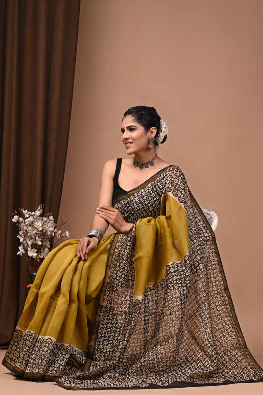 PJNV25A223 Mustard Yellow Pure Hand Block Printed Chanderi Silk Saree