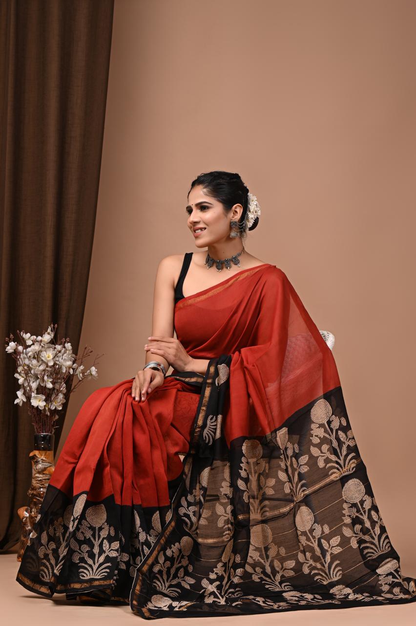 PJNV25A225 Red Pure Hand Block Printed Chanderi Silk Saree