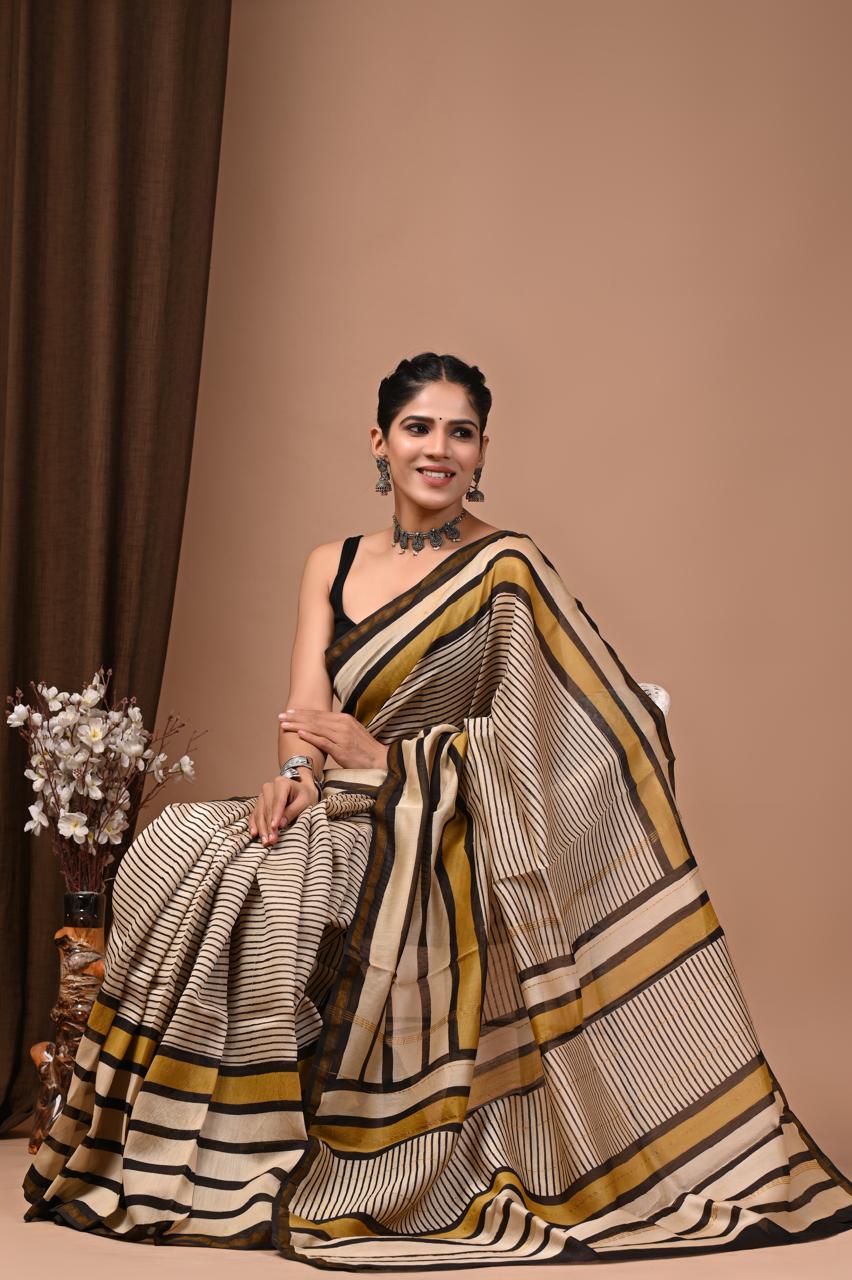 PJNV25A228 Cream Pure Hand Block Printed Chanderi Silk Saree