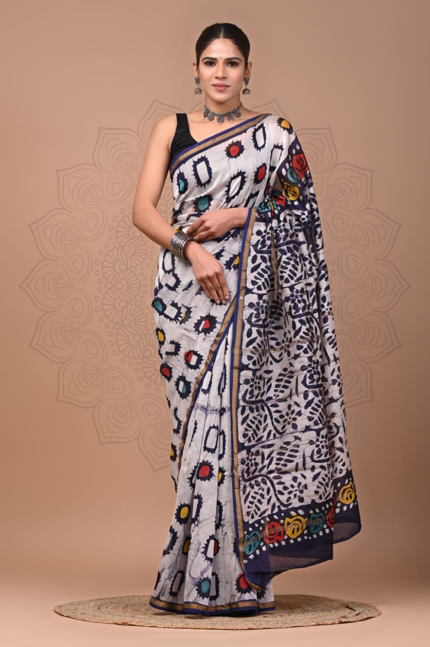 PJNV25A232 White Pure Hand Block Printed Chanderi Silk Saree