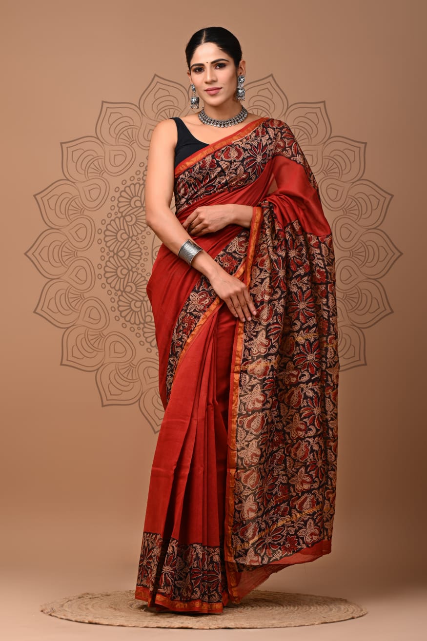 PJNV25A237 Rust Red Pure Hand Block Printed Chanderi Silk Saree