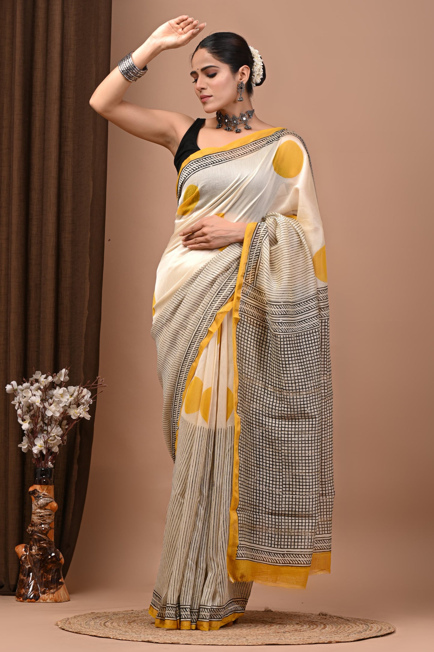 PJNV25A239 Cream Pure Hand Block Printed Chanderi Silk Saree