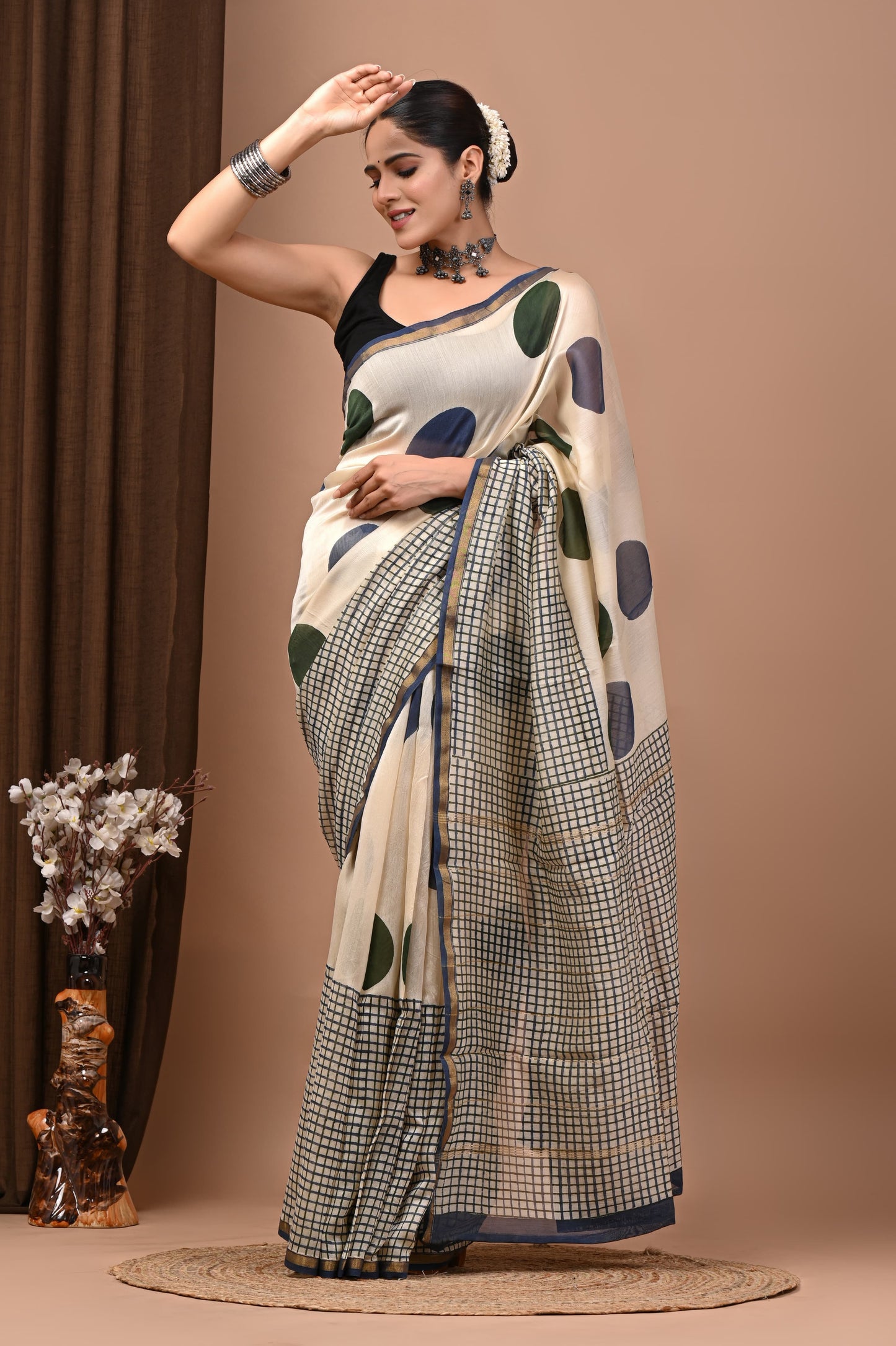 PJNV25A240 Beige Pure Hand Block Printed Chanderi Silk Saree