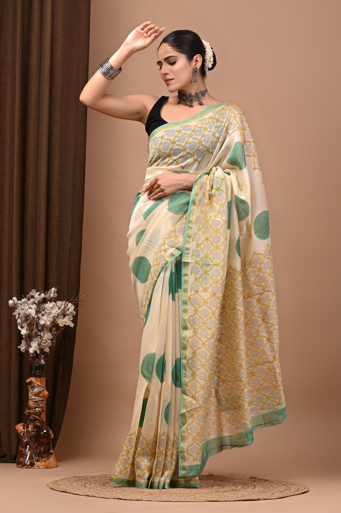 PJNV25A241 Cream Pure Hand Block Printed Chanderi Silk Saree