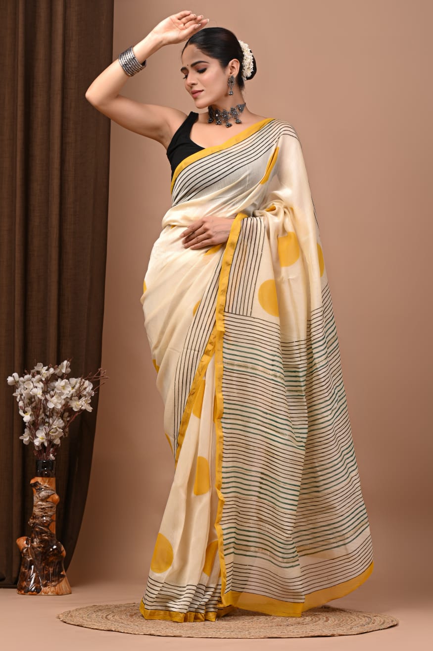 PJNV25A242 Cream Pure Hand Block Printed Chanderi Silk Saree