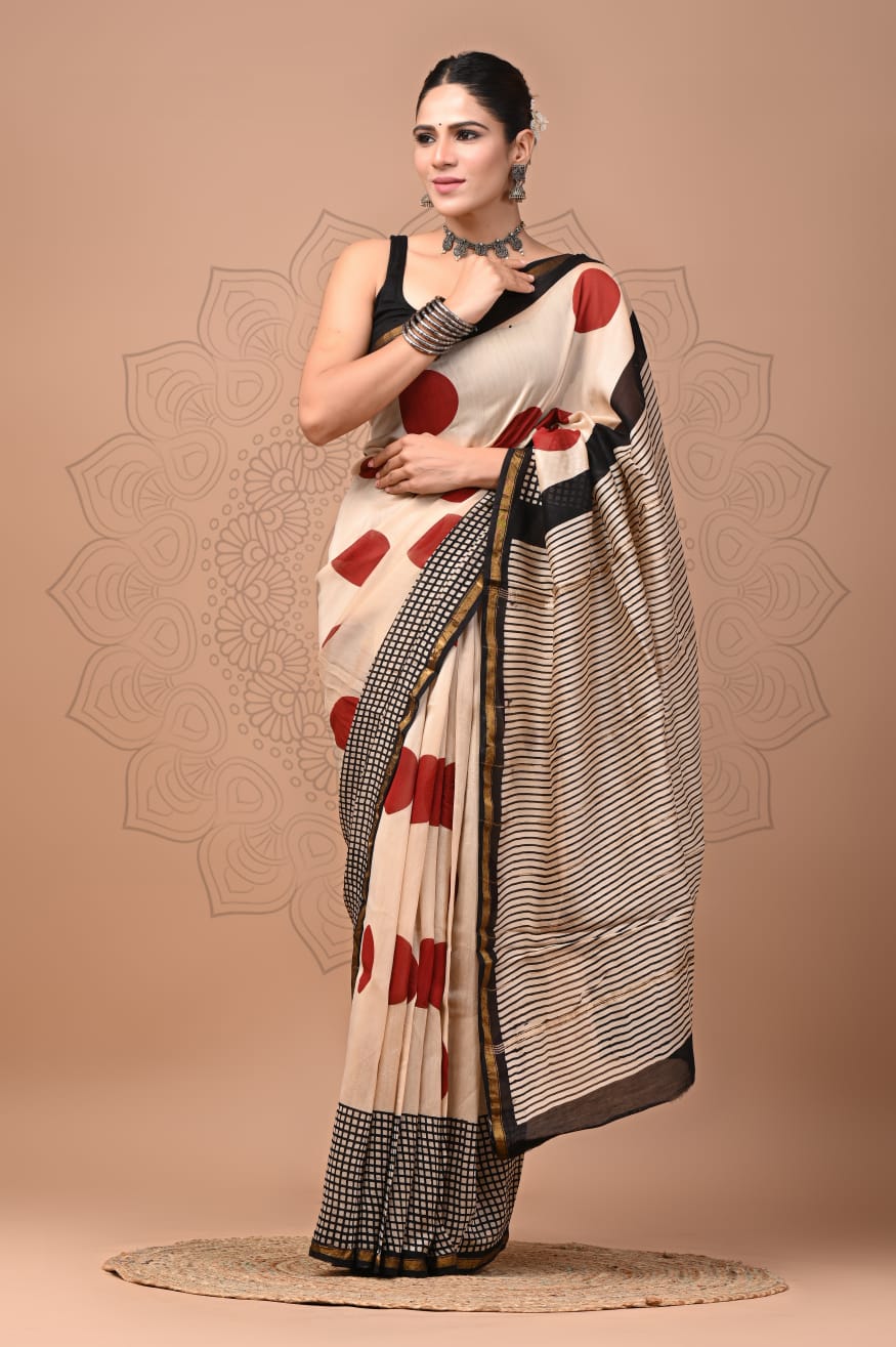 PJNV25A244 Beige Pure Hand Block Printed Chanderi Silk Saree