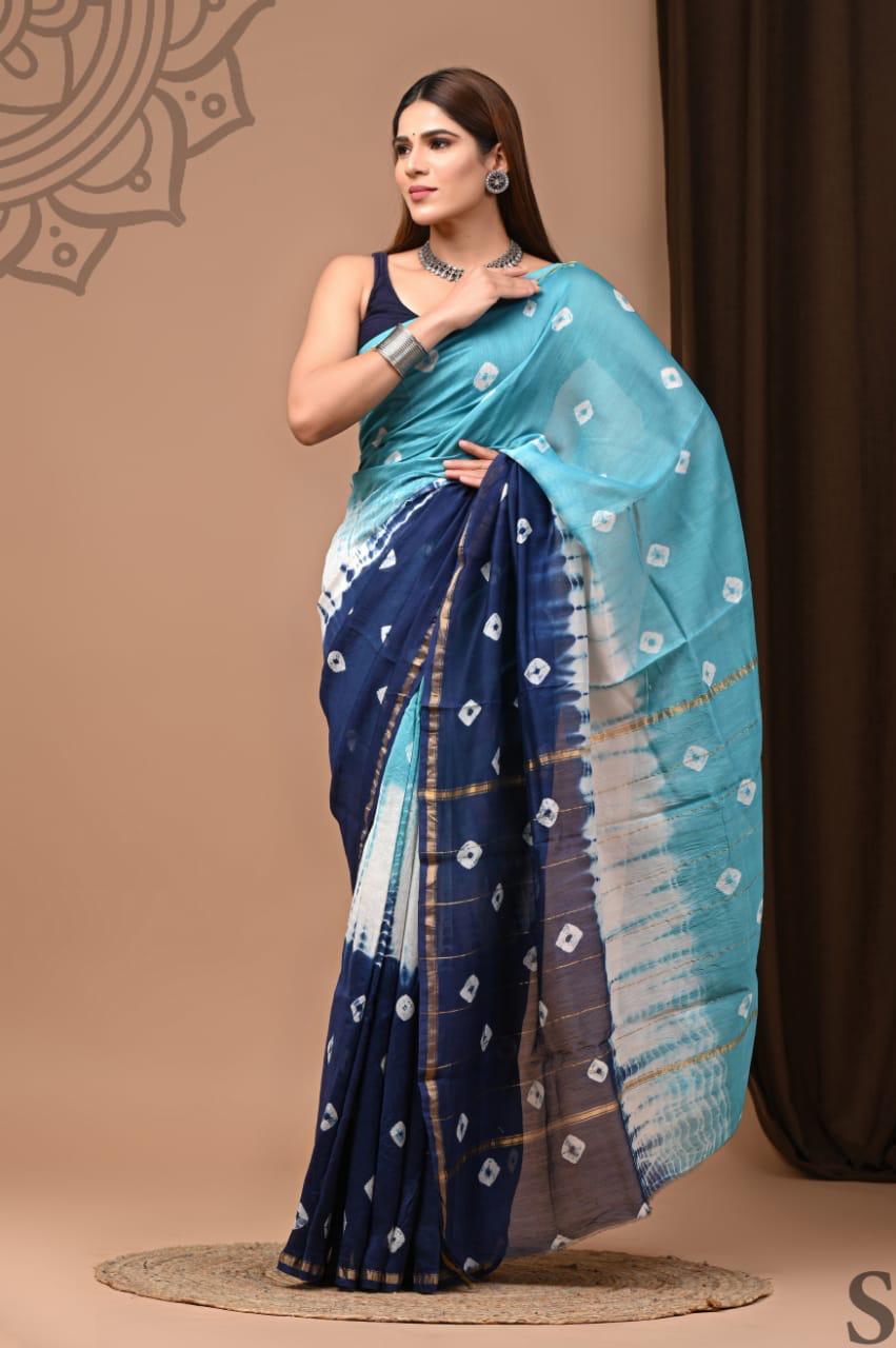 PJNV25A246 Blue Pure Hand Block Printed Chanderi Silk Saree