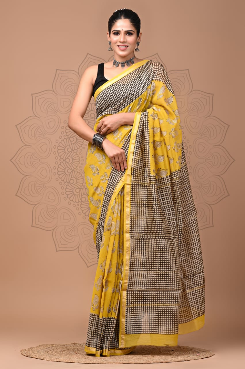 PJNV25A256 Yellow Pure Hand Block Printed Chanderi Silk Saree