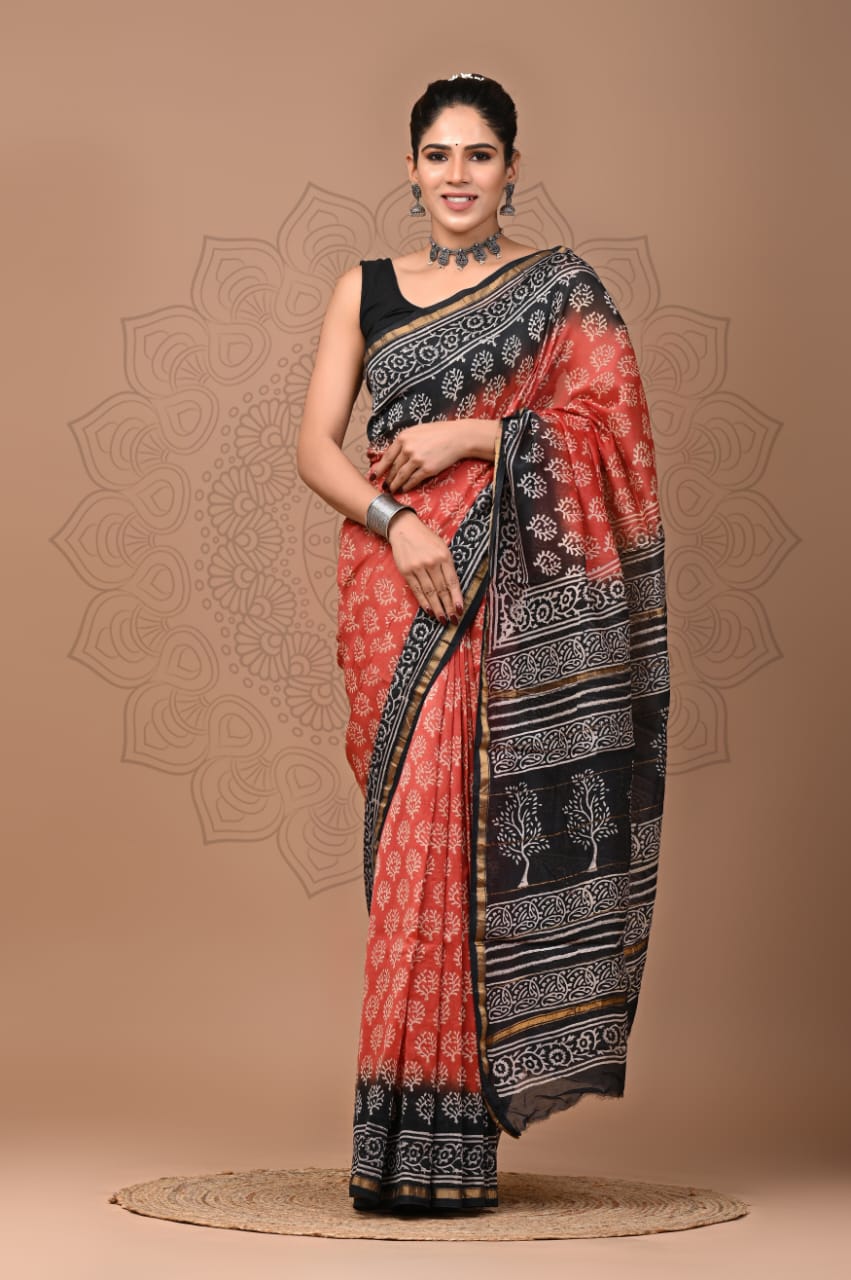 PJNV25A257 Rust Red Pure Hand Block Printed Chanderi Silk Saree