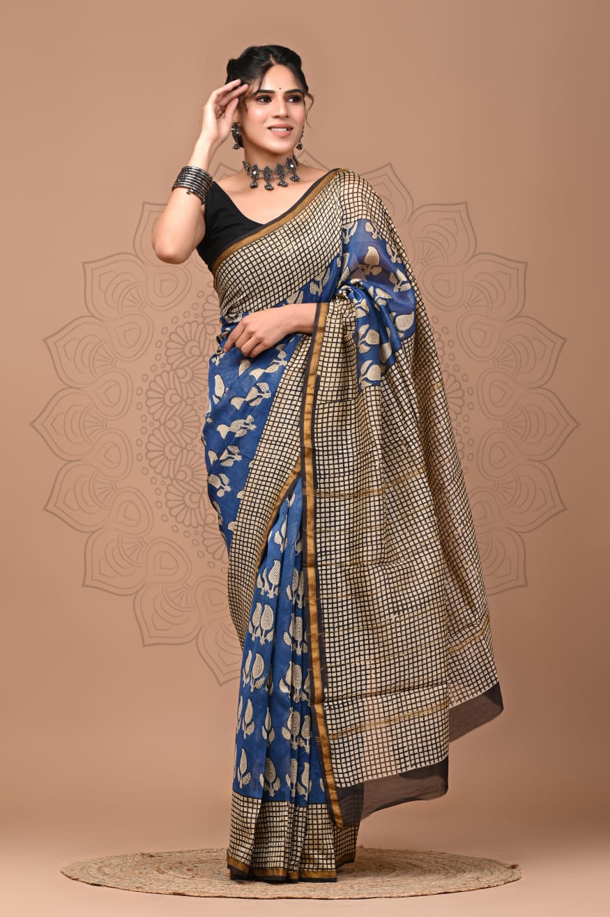 PJNV25A258 Navy Blue Pure Hand Block Printed Chanderi Silk Saree