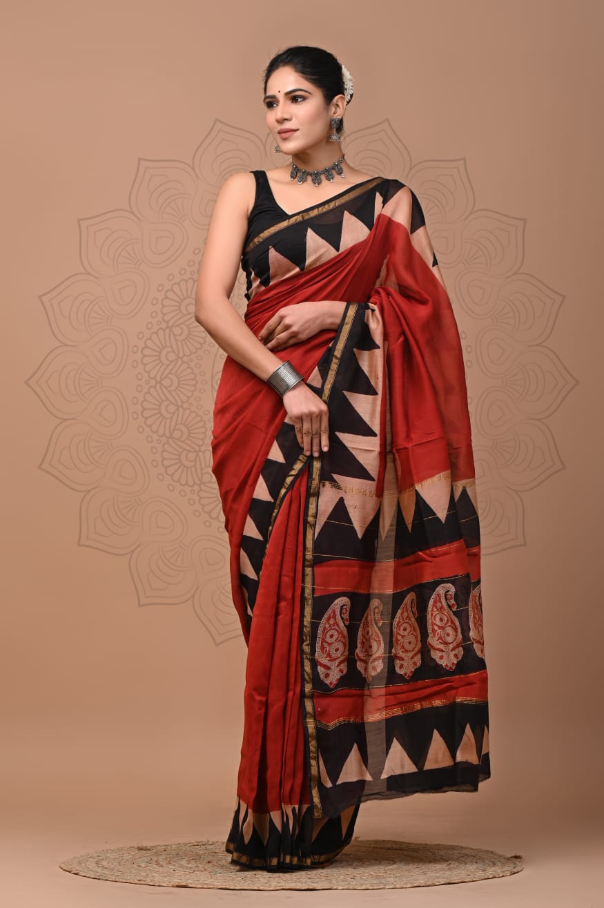 PJNV25A261 Rust Red Pure Hand Block Printed Chanderi Silk Saree