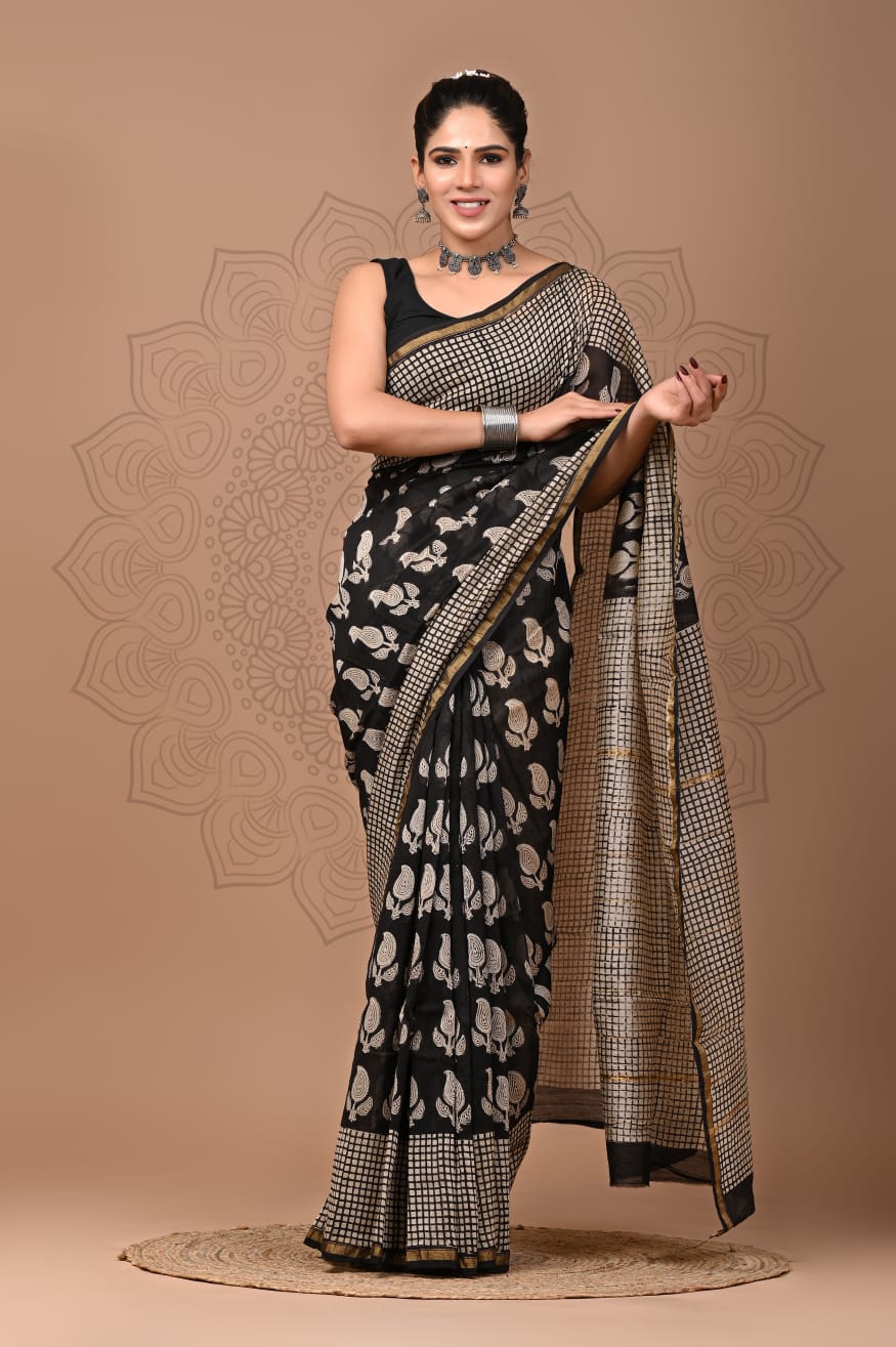 PJNV25A262 Black Pure Hand Block Printed Chanderi Silk Saree