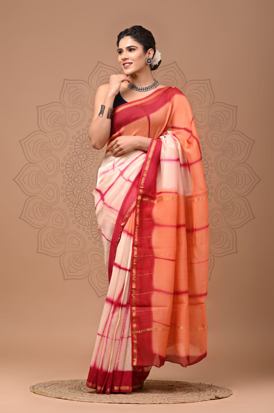 PJNV25A263 Cream Pure Hand Block Printed Chanderi Silk Saree