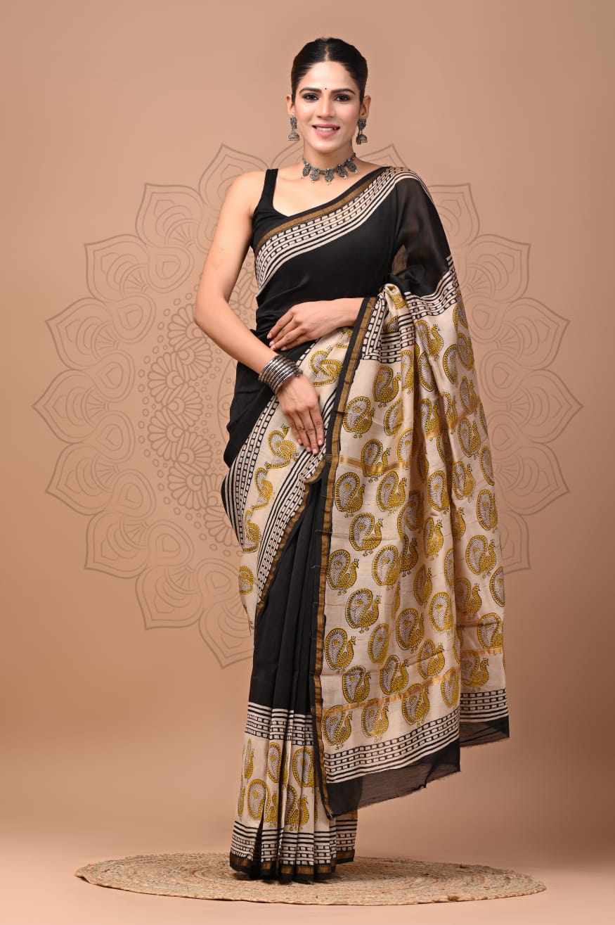 PJNV25A265 Black Pure Hand Block Printed Chanderi Silk Saree