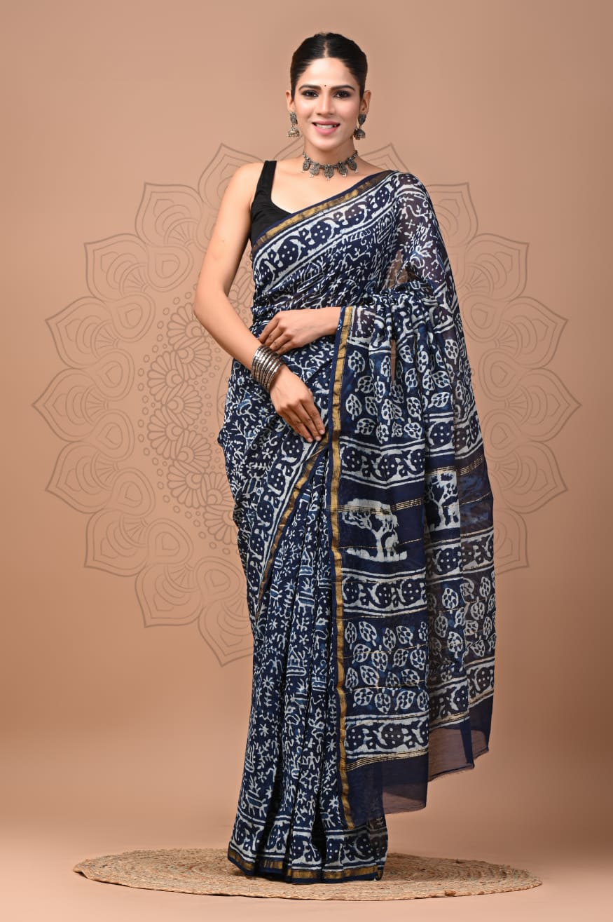 PJNV25A266 Navy Blue Pure Hand Block Printed Chanderi Silk Saree