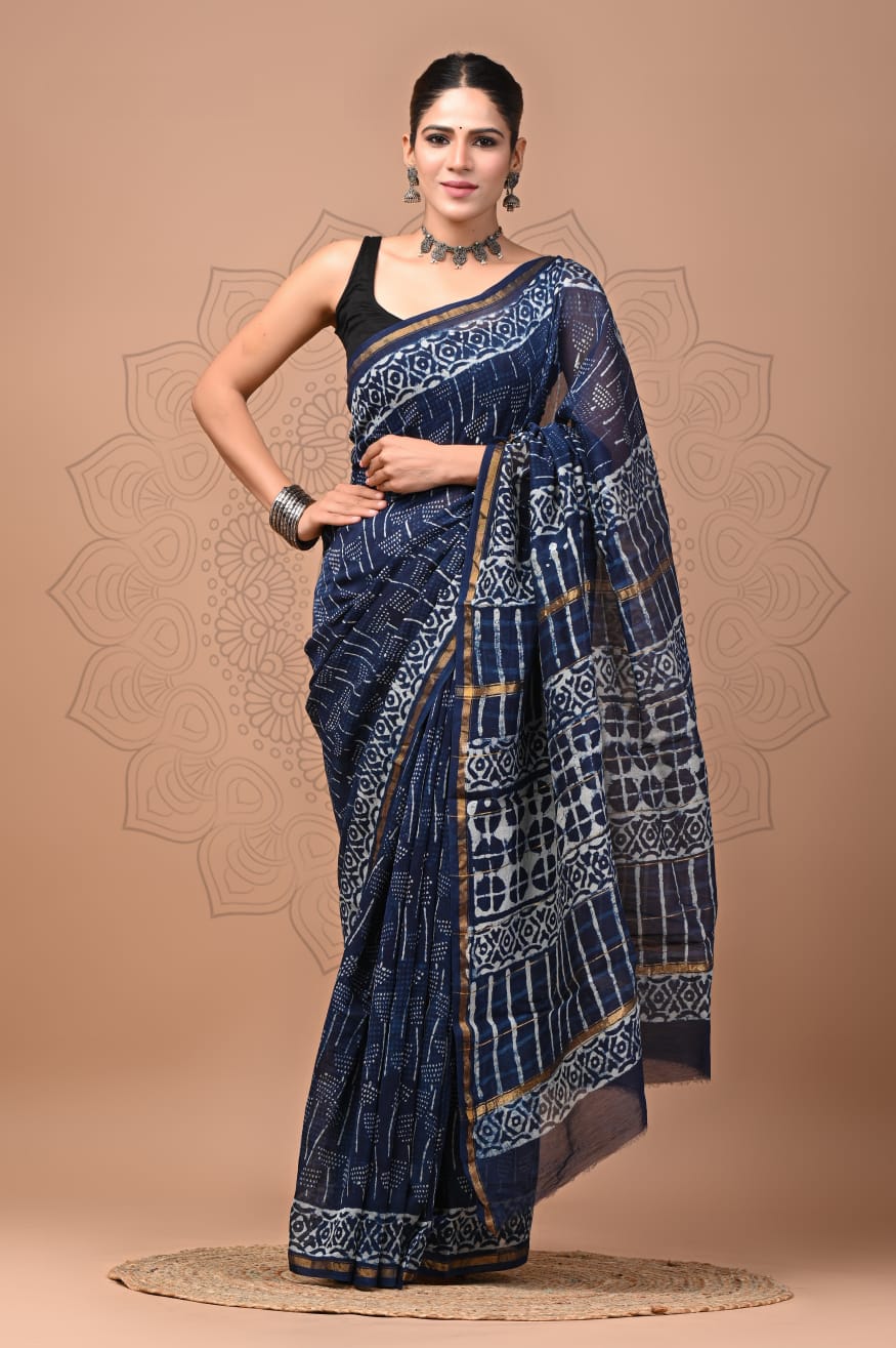 PJNV25A268 Navy Blue Pure Hand Block Printed Chanderi Silk Saree
