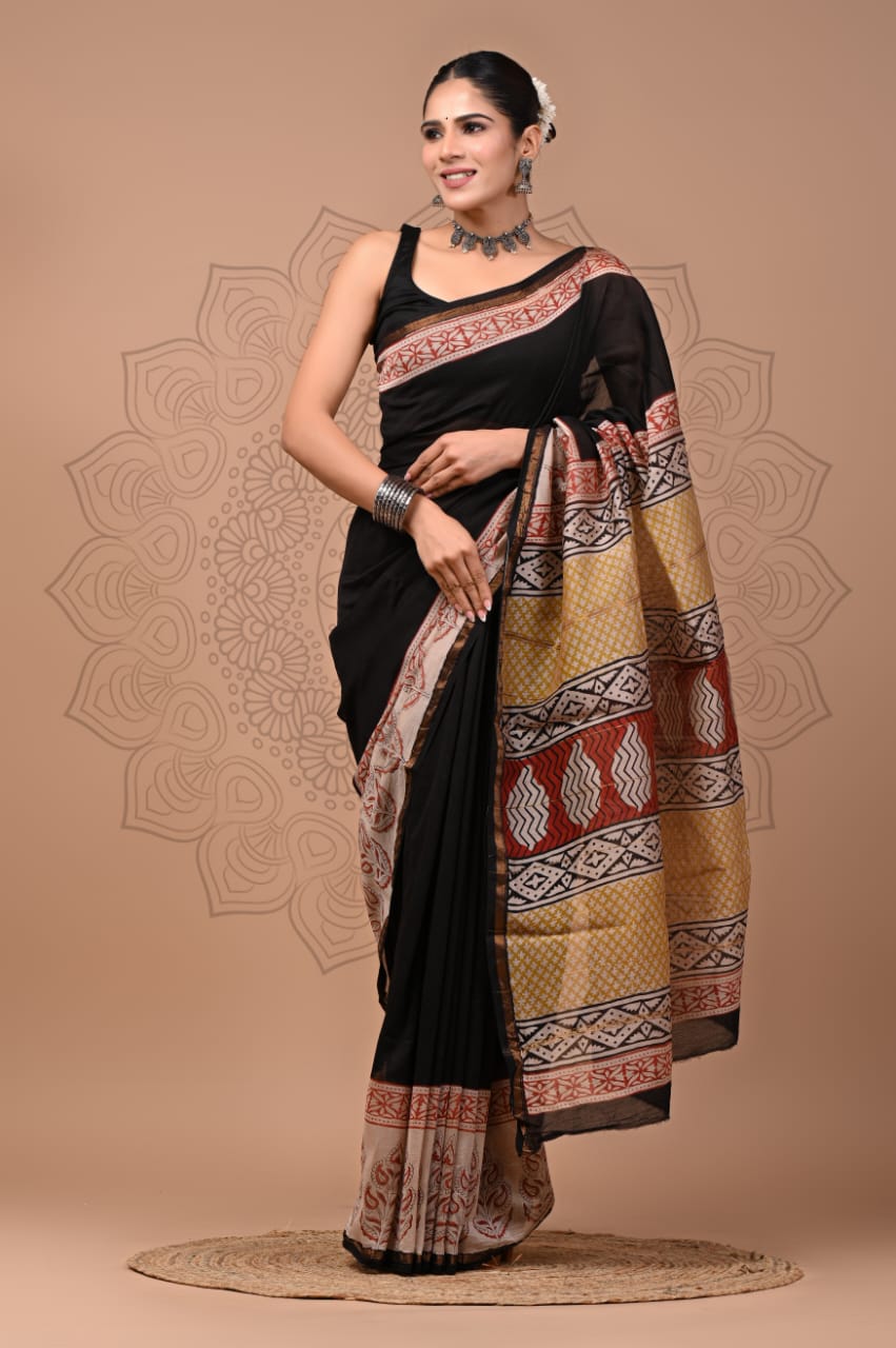 PJNV25A272 Black Pure Hand Block Printed Chanderi Silk Saree