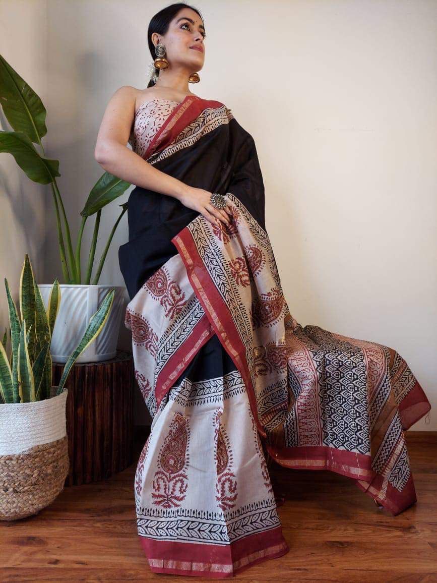 PJNV25A277 Black Pure Hand Block Printed Chanderi Silk Saree