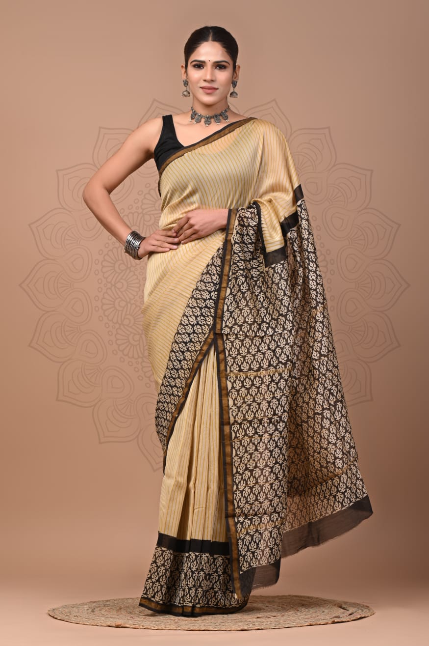 PJNV25A278 Beige Pure Hand Block Printed Chanderi Silk Saree
